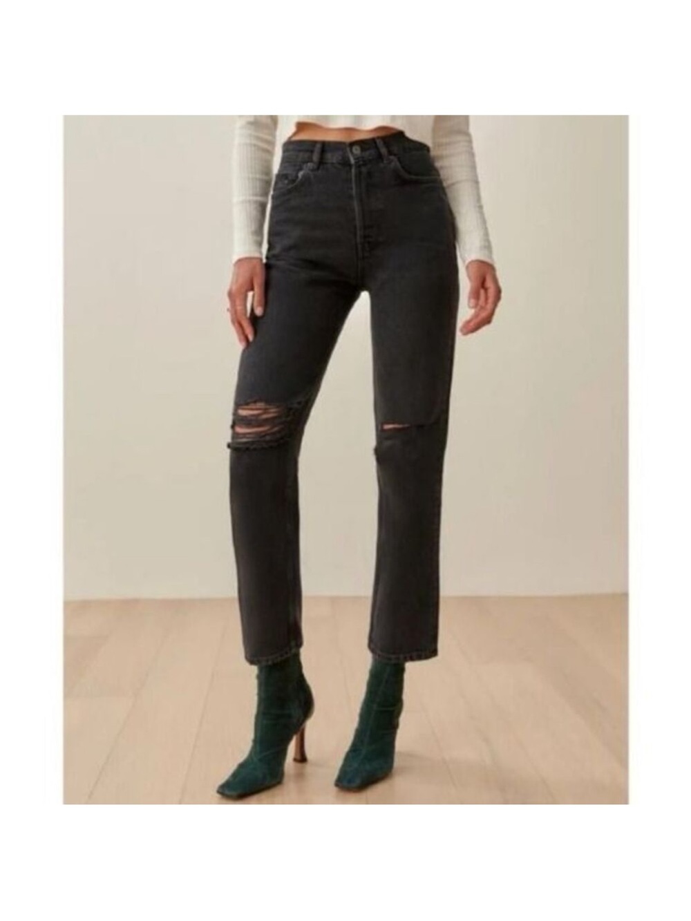 REFORMATION Cynthia High Rise Straight Jeans Lagoon Destroyed Women’s Size 29